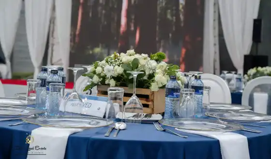 Eye-level view of a table setting focusing on the white floral centerpiece and a