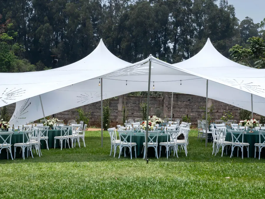 Large white stretch tent with decorative cutouts set up on a green lawn, covering round tables with green linens and white cross-back chairs.